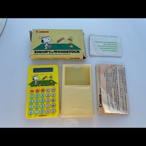 VINTAGE PEANUTS SNOOPY WOODSTOCK CANON CALCULATOR LC-33 - YELLOW WITH CASE